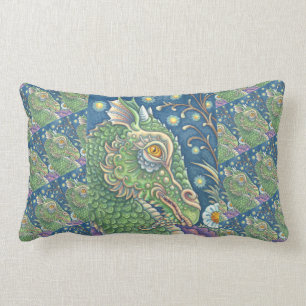 COUSSIN RECTANGLE PORTRAIT MÉDIÉVAL EN TÊTE DE DRAGON, IMAGINAIRE BL