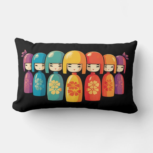 Coussin Rectangle Poupées Kokeshi Japonaises Colorées (Recto)