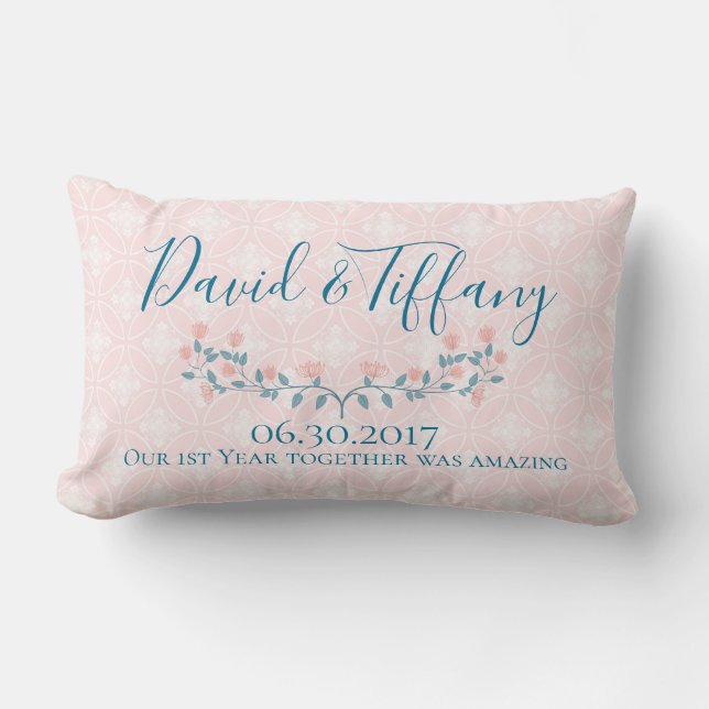 Coussin Rectangle Premier anniversaire Mariage rose et bleu (Recto)