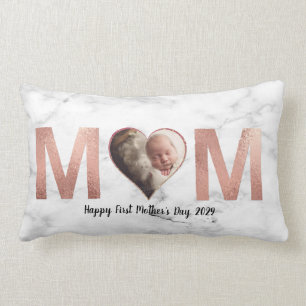 Coussin Rectangle Première fête des mères Rose photo Gold Heart