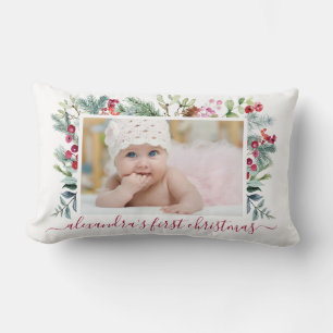 Coussin Rectangle Première photo d'aquarelle blanche de Noël du bébé