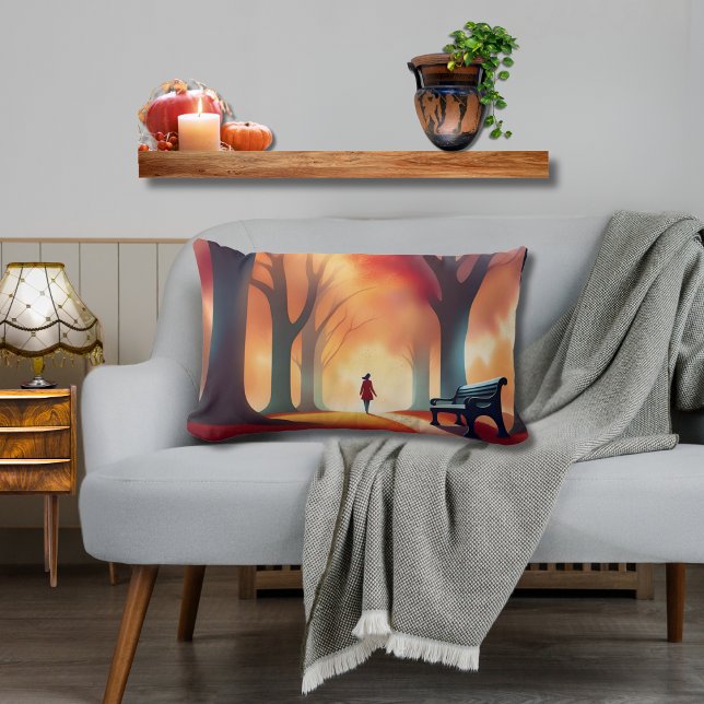 Coussin Rectangle Promenade artistique d'automne dans le parc (Pretty pillow of red, orange, and yellow, with contrasting dark accents around a woman in the park)