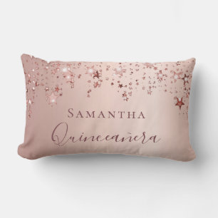 Coussin Rectangle Quinceanera rose or monogramme nom scintille