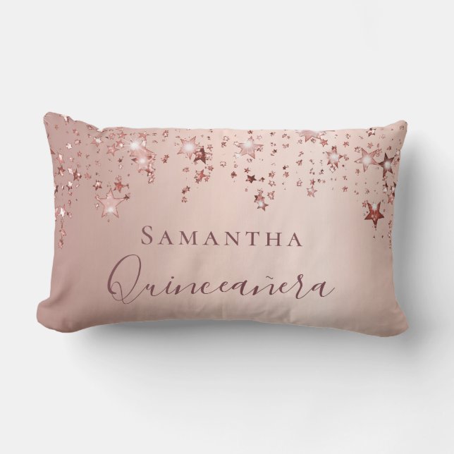 Coussin Rectangle Quinceanera rose or monogramme nom scintille (Recto)