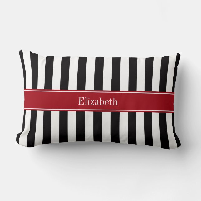Coussin Rectangle Rayure Noir Blanc Cranberry Monogramme Nom (Recto)