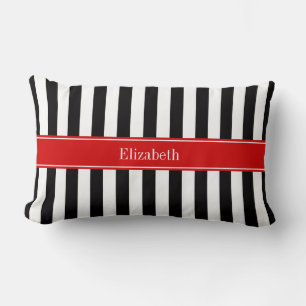 Coussin Rectangle Rayure Noir Blanc Ruban Rouge Nom Monogramme