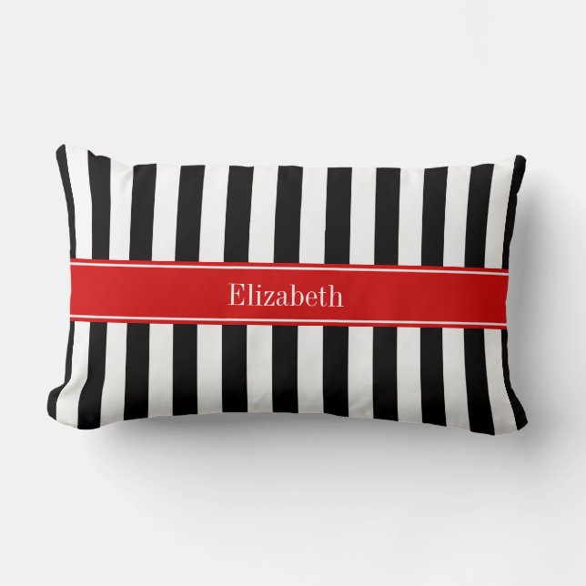 Coussin Rectangle Rayure Noir Blanc Ruban Rouge Nom Monogramme (Recto)