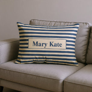 Coussin Rectangle Rayures Bleu/Vanille avec Monogramme