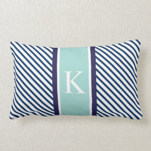 Coussin Rectangle Rayures et monogramme de menthe de bleu marine