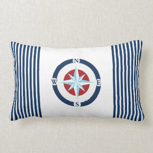 Coussin Rectangle Rayures nautiques blanches bleues de boussole
