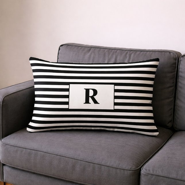 Coussin Rectangle Rayures Noir/Blanc Monogramme (Créateur téléchargé)