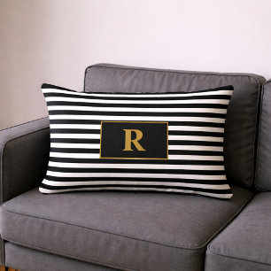 Coussin Rectangle Rayures Noir/Blanc Monogrammées