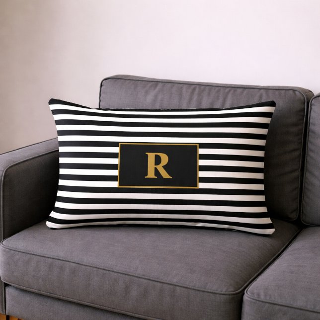 Coussin Rectangle Rayures Noir/Blanc Monogrammées (Créateur téléchargé)