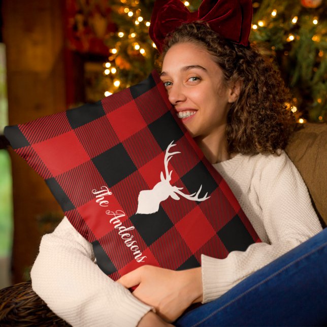 Coussin Rectangle Red Buffalo Plaid & Deer | Nom personnel Cadeau (Créateur téléchargé)