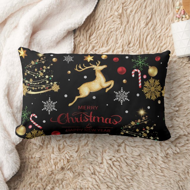 Coussin Rectangle Red Gold Reindeer Joyeux sapin de Noël (Couverture)