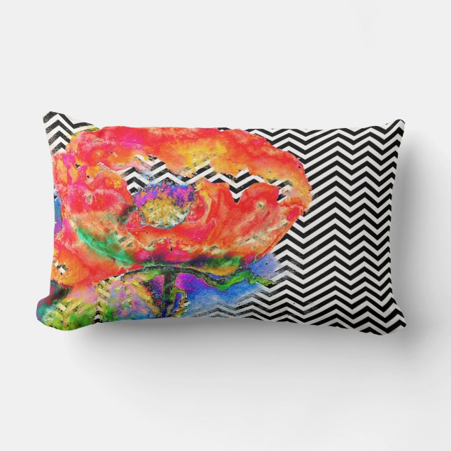 Coussin Rectangle Red Poppy - chevron noir et blanc (Recto)