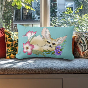 Coussin Rectangle Renard Fennec Fleurs Roses Violettes Mignon Botani