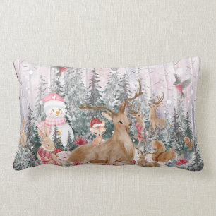 Coussin Rectangle Rinder d'aquarelle rose, Snowman Joyeux Noël