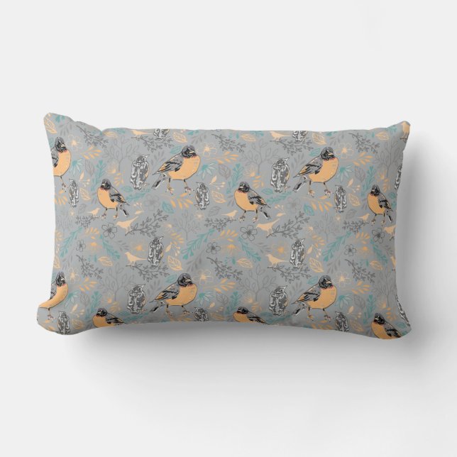 Coussin Rectangle Robin Bird Mama et bébé Été Brood Avec Fleurs (Recto)