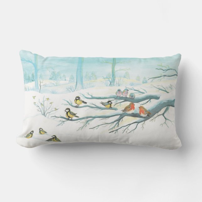 Coussin Rectangle Robins rouges et Tit Birds en forêt d'hiver (Recto)