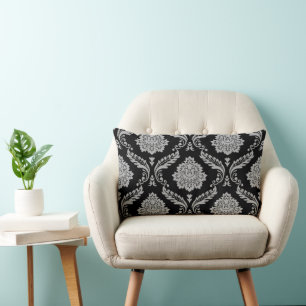 Coussin Rectangle Rococo Damassé Grand Motif Gris sur Noir
