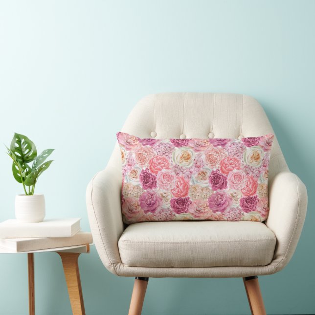 Coussin Rectangle Rose Blanc Rosé Magenta Fleurs Floral  (Chaise)