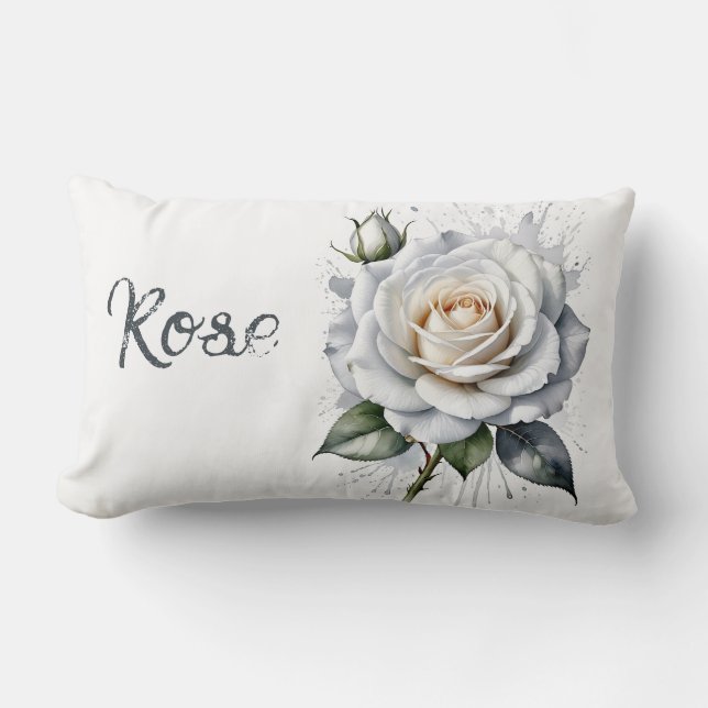 Coussin Rectangle Rose blanche et rosebud, Feuilles d'argent (Recto)