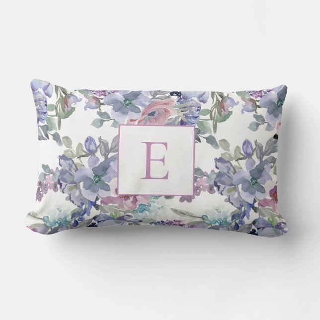 Coussin Rectangle Rose Dusty Bleu Violet Fleurs Blanc Monogramme (Recto)