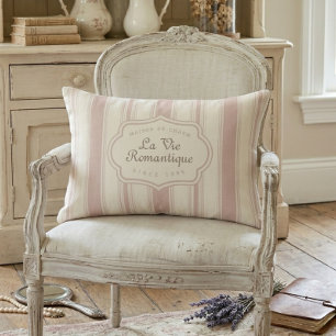 Coussin Rectangle Rose Vintage et Rayures Crème Campagne Française 