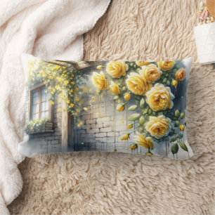 Coussin Rectangle Roses d'or sur le mur en pierre rustique