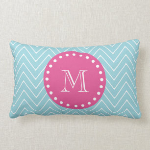 Coussin Rectangle Roses indien, Chevron bleu votre monogramme