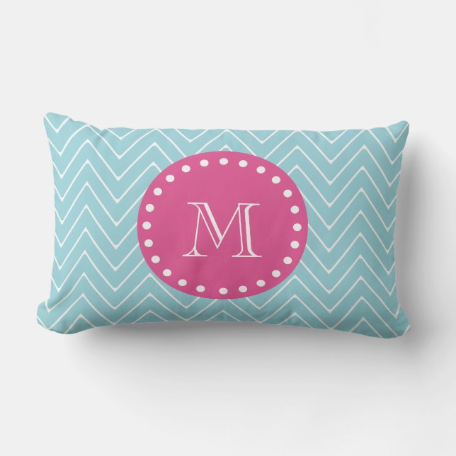Coussin Rectangle Roses indien, Chevron bleu | votre monogramme (Recto)