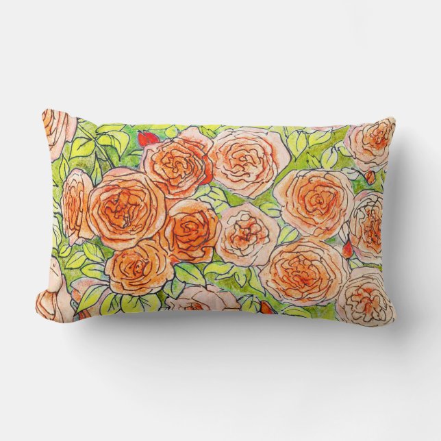 Coussin Rectangle Roses rouges, Jardin Rose vert Croquis floral (Recto)