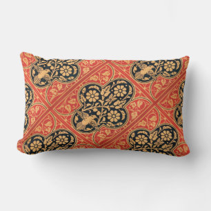 COUSSIN RECTANGLE ROUGE BLEU OR DOMMASK FLEURS ET OISEAU BLANC