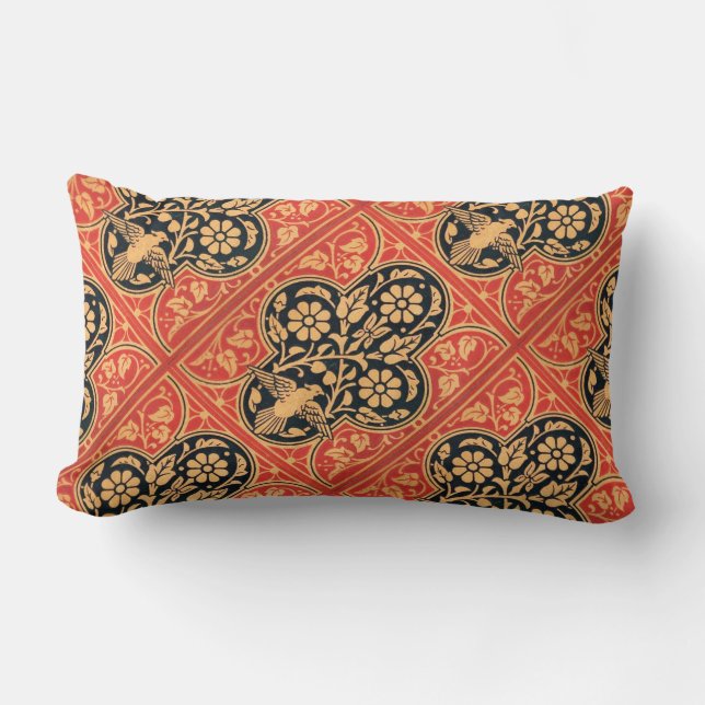 COUSSIN RECTANGLE ROUGE BLEU OR DOMMASK FLEURS ET OISEAU BLANC (Recto)