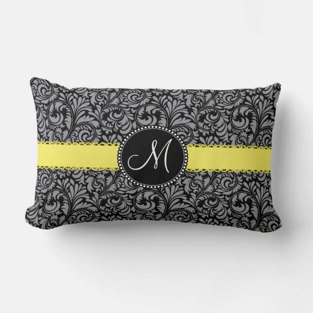 Coussin Rectangle Ruban argenté noir élégant de jaune de damassé de (Recto)
