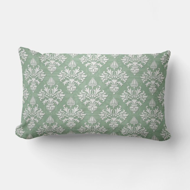 Coussin Rectangle Sage vert et blanc Damas florales (Recto)