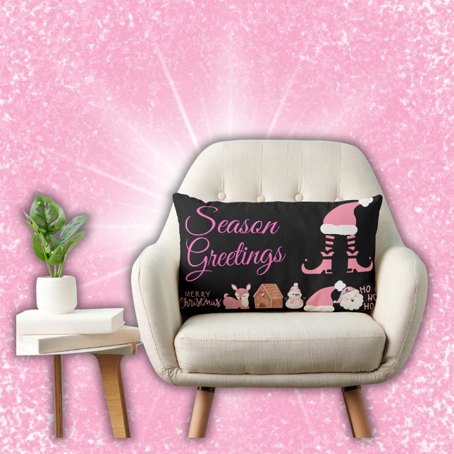 Coussin Rectangle Salutations de saison - rose sur noir | (Créateur téléchargé)