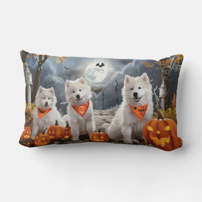 Coussin Rectangle Samoyed Halloween Éffrayant (Verso)