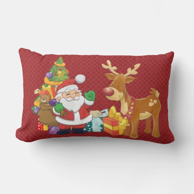 Coussin Rectangle Santa and Reindeer par Christmas Tree with Present (Recto)