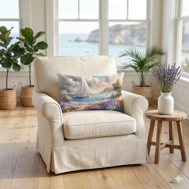 Coussin Rectangle Scène aquarelle d'un voilier sur la Côte de Lavand (Lavender Coast Sailboat Watercolor Scene Lumbar Pillow On Chair)