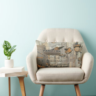 Coussin Rectangle Science-fiction urbaine vintage Paris, Steam Punk