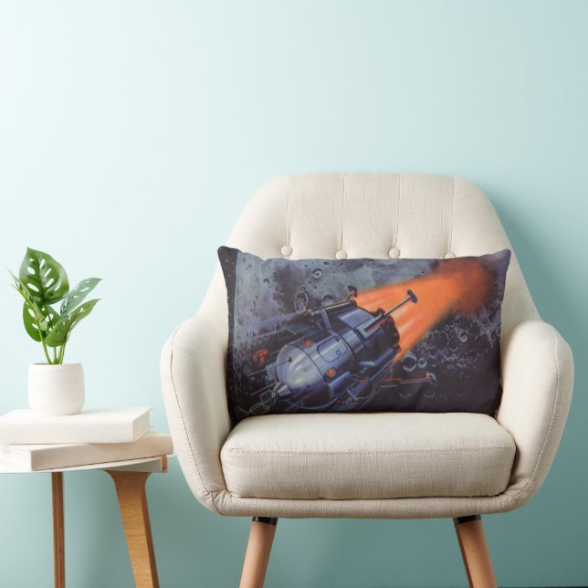 Coussin Rectangle Science-Fiction vintage, Fusée Lune Qui S'Éteint (Chaise)