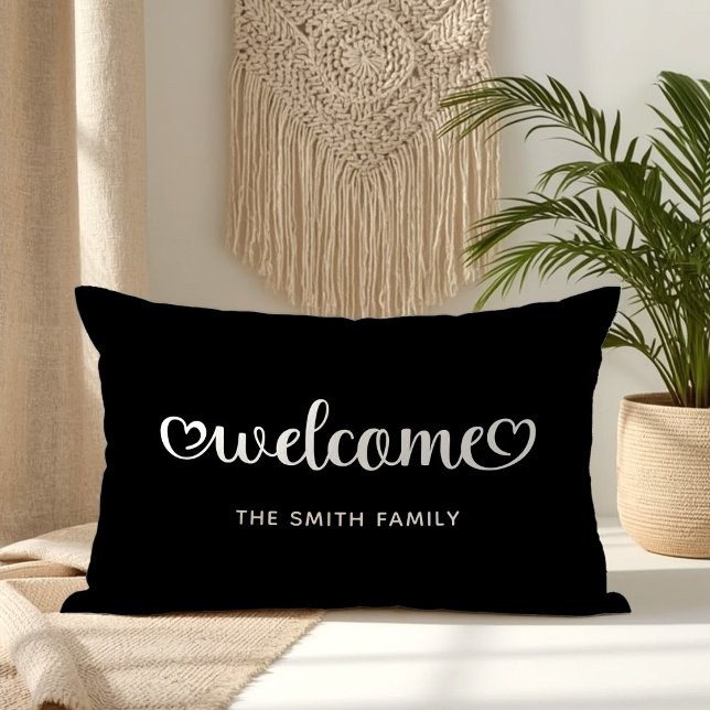 Coussin Rectangle Script Coeurs Mignons de Bienvenue (Welcome Cute Hearts Script Lumbar Pillow)