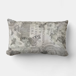 Coussin Rectangle Script vintage de papillon botanique noir et blanc