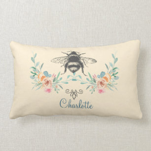 Coussin Rectangle Signature de script Personnalisé Bee Floral