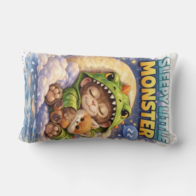 Coussin Rectangle Sleepy Little Monster Cute Dino Pillow (Verso)
