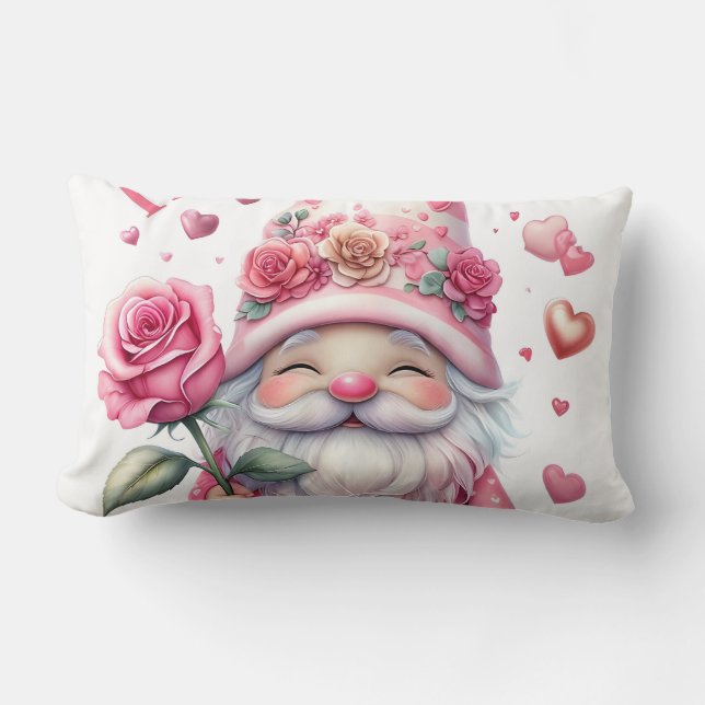 Coussin Rectangle Smiling Gnome Holding a Pink Rose  (Recto)