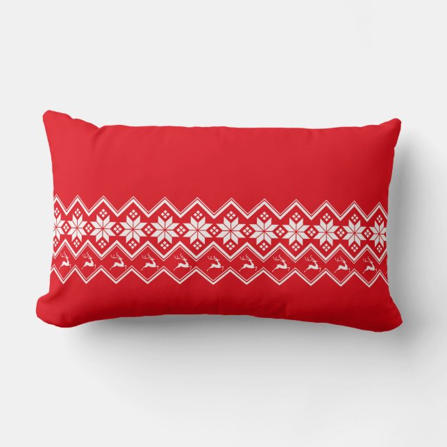 Coussin Rectangle Snowflakes et rennes nordiques en rouge et blanc (Recto)