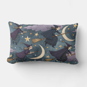 Coussin Rectangle Sorcières volant sur des balais avec étoiles et lu